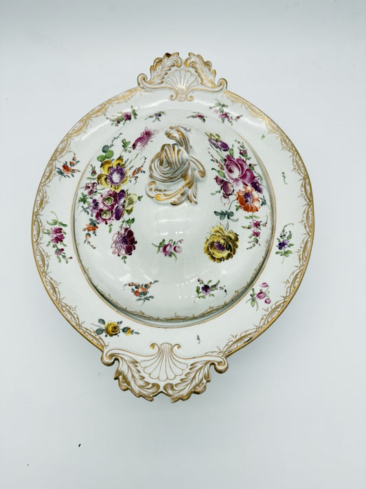 Antique Meissen 2pc Porcelain Lidded Tureen Caserole Dish Bowl FLoral Germany