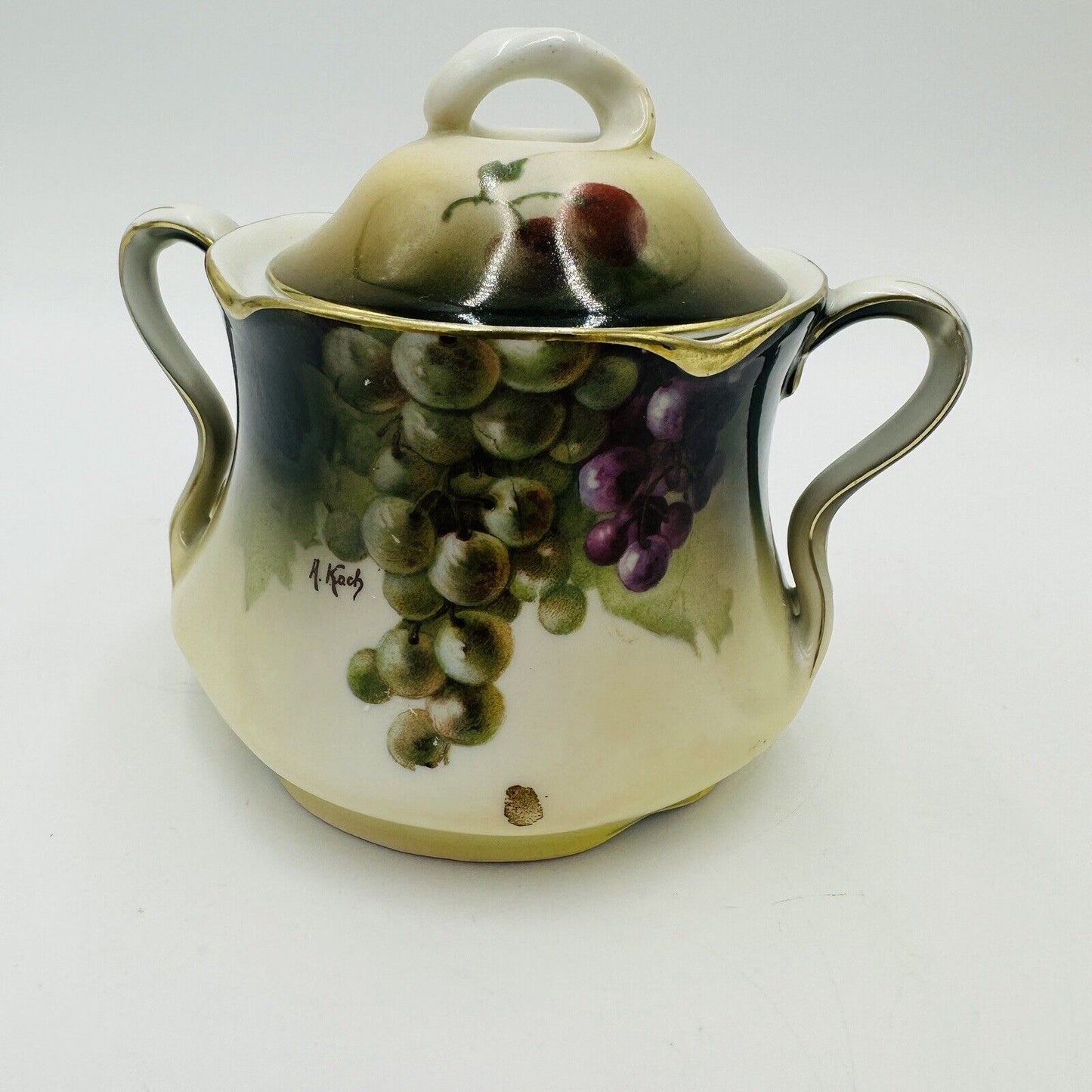 J & C Bavaria Sugar Bowl Louise Lid Hand Painted Grapes Vine Antique Porcelain