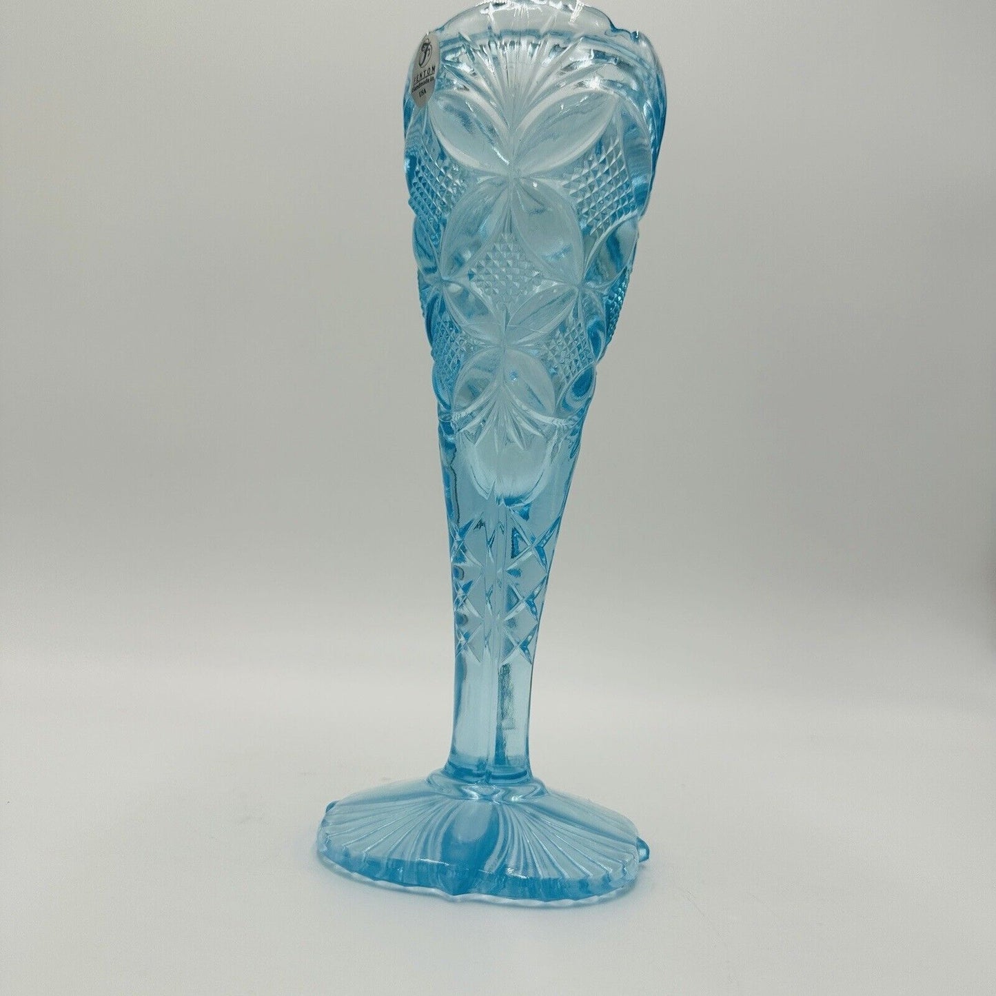 Fenton Art Glass Vase Aqua Blue With Etched Butterfly & Diamond Pattern Vintage