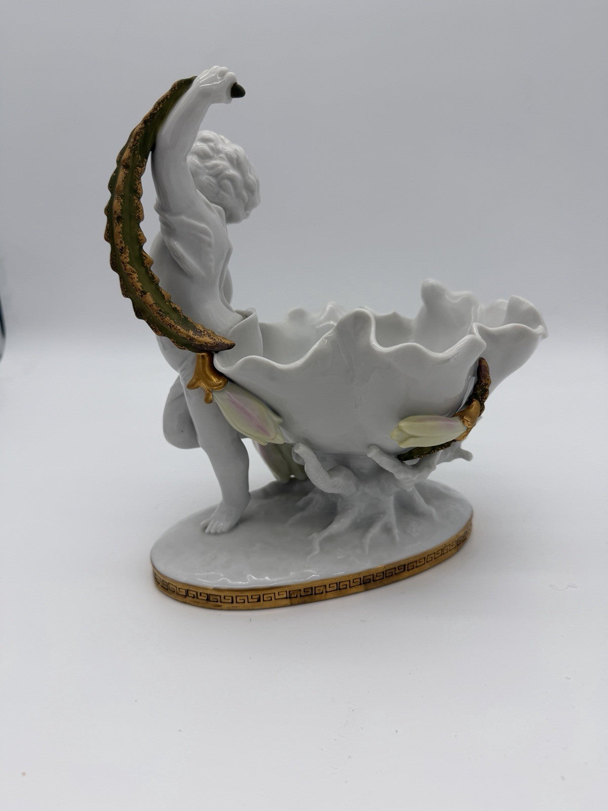 Antique Moore Bros White/Gold Trim Orchid Porcelain Putti Cherub Bowl Sculpture