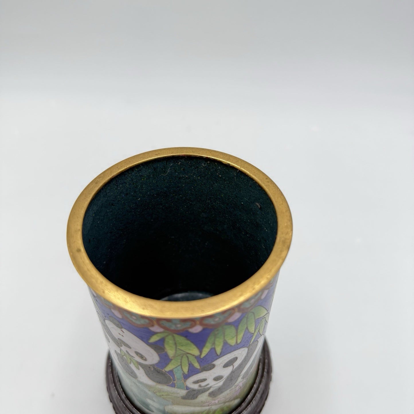 Rare Cloisone Enameled Chinese Panda Bear Bamboo Floral Vase 5.5”