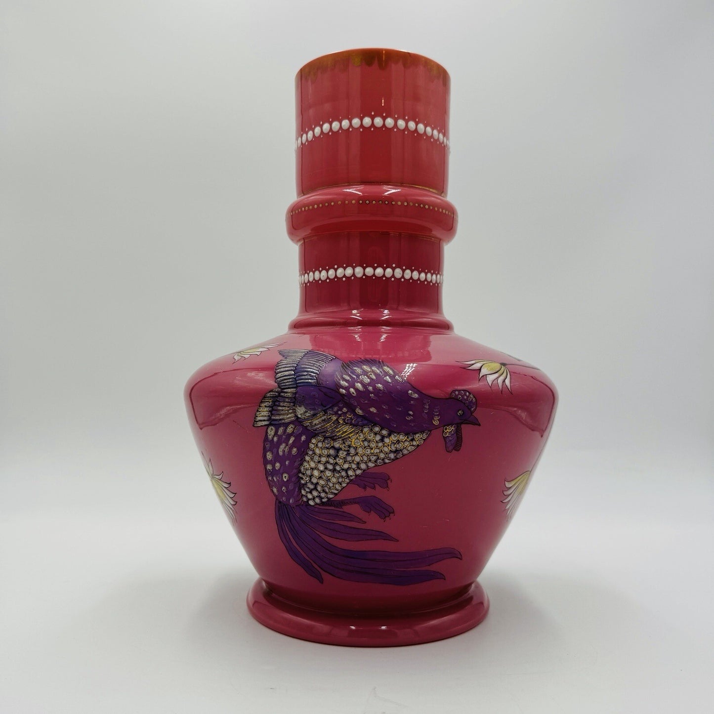 Victorian Aesthetic Pink Opaline Glass Vase Roosters Fighting Daisies Large Rare