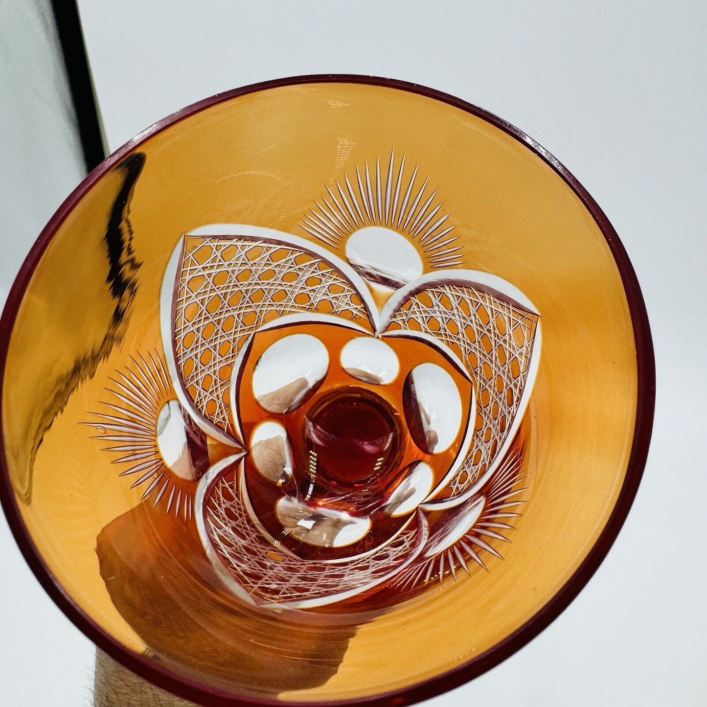 Bohemian crystal cut wine glass orange replacement 8” Vintage Etched