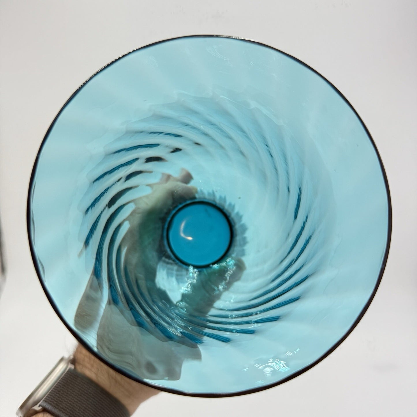 MCM Empoli Italian Handblown Art Glass Swirl Optic Teal Pedestal Vase 8.5in