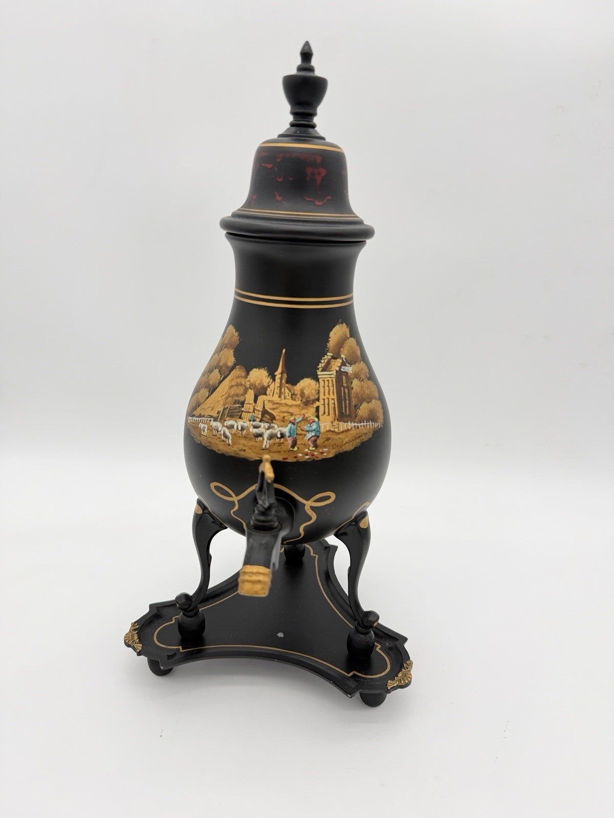 vintage C. Kurz & Co Tiel Dutch black & gold Hand painted pewter samovar W/base