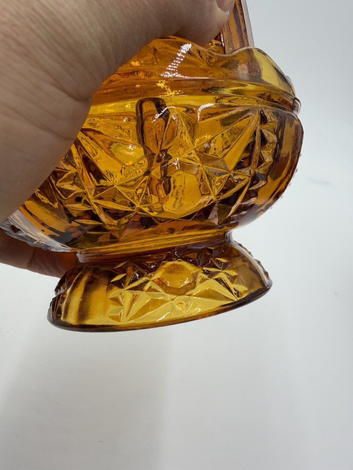 Vintage Indiana Art Glass Amber Stars & Bars Fairy Lamp Candle Holder Votive 7”