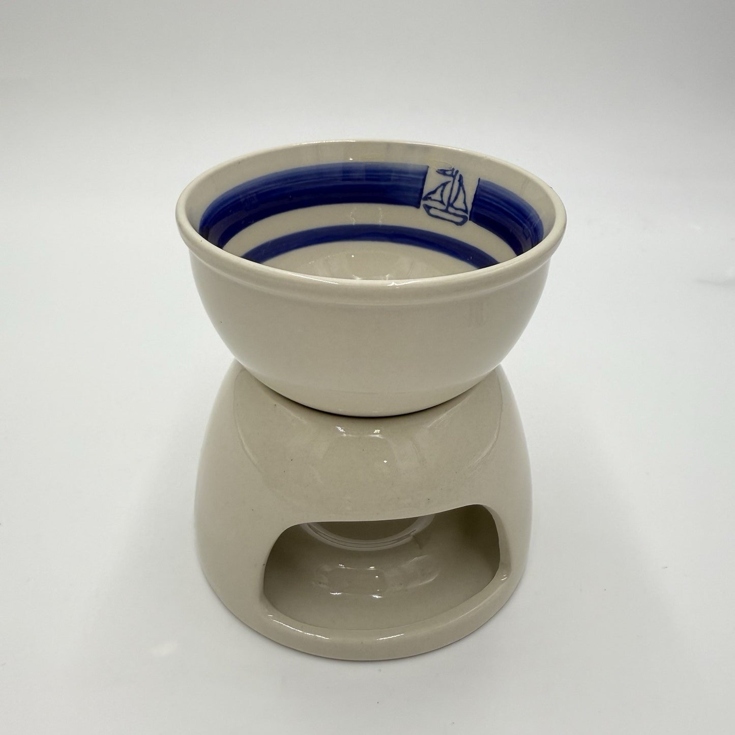 Pottery Barn Stoneware Oil/butter Warmer Sailboat Blue Stripes 4.3”