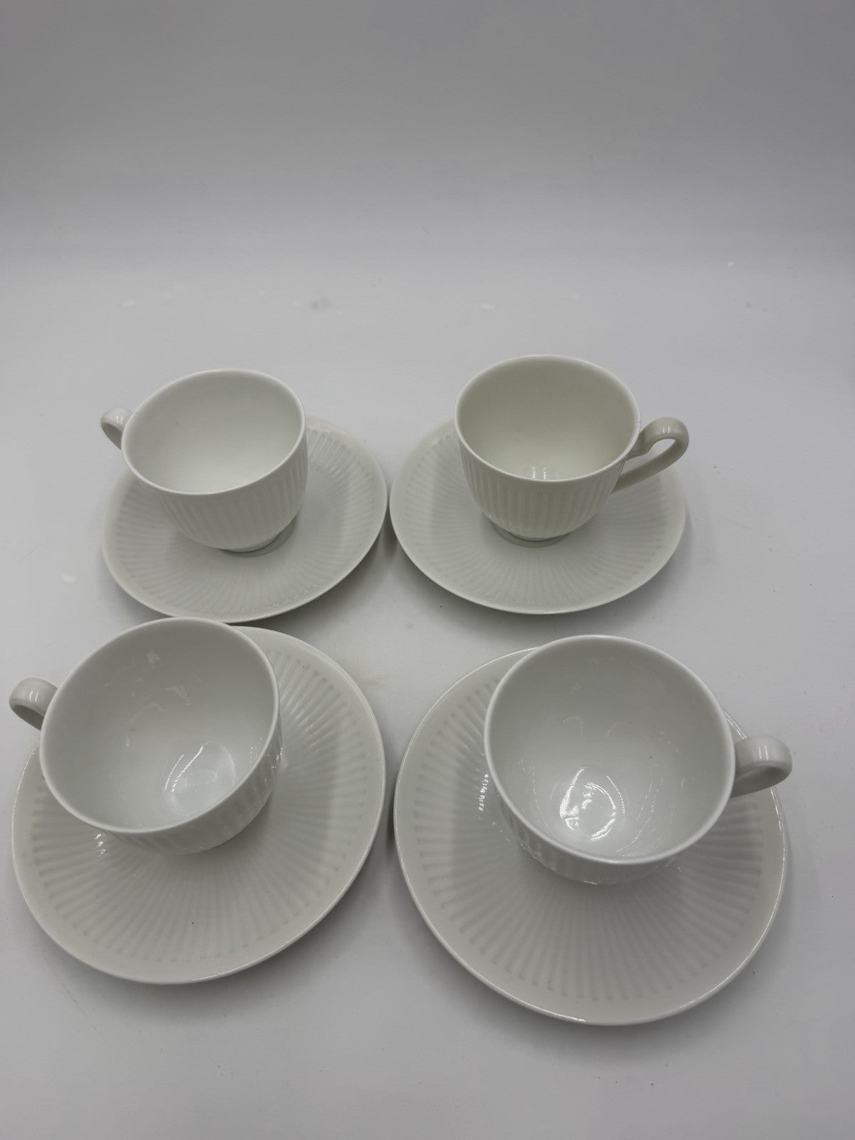 Royal Copenhagen Denmark White Georgiana Flat Demitasse Cups & Saucers 4 Sets