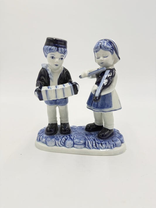 Delft Blue Pottery Dutch Boy & Girl Hand Painted Musician Figurine 5” Vintage