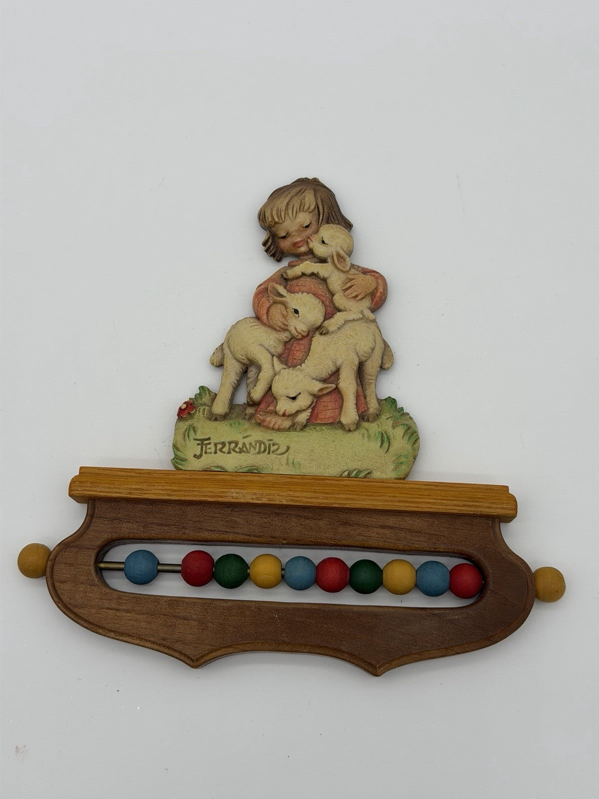 ANRI Ferrandiz Italy wood carving nursery wall decor child w/ lambs abacus