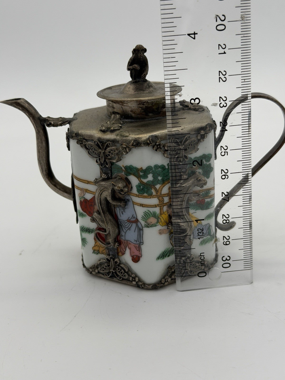 Antique Guangxu reign hexagonal Qing Dynasty Chinese metalwork pewter teapot