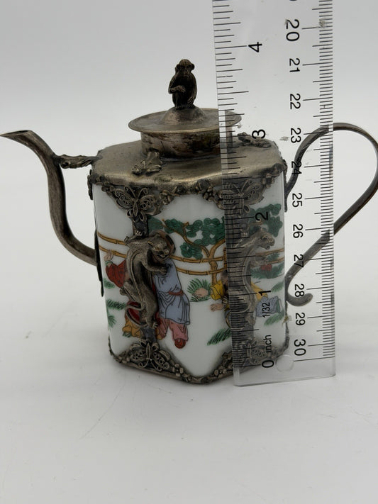 Antique Guangxu reign hexagonal Qing Dynasty Chinese metalwork pewter teapot