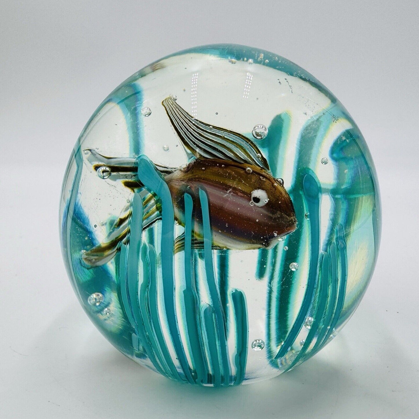 Murano Art Glass Fratelli Toso Italy fish w/ sea grass paperweight 3” MCM