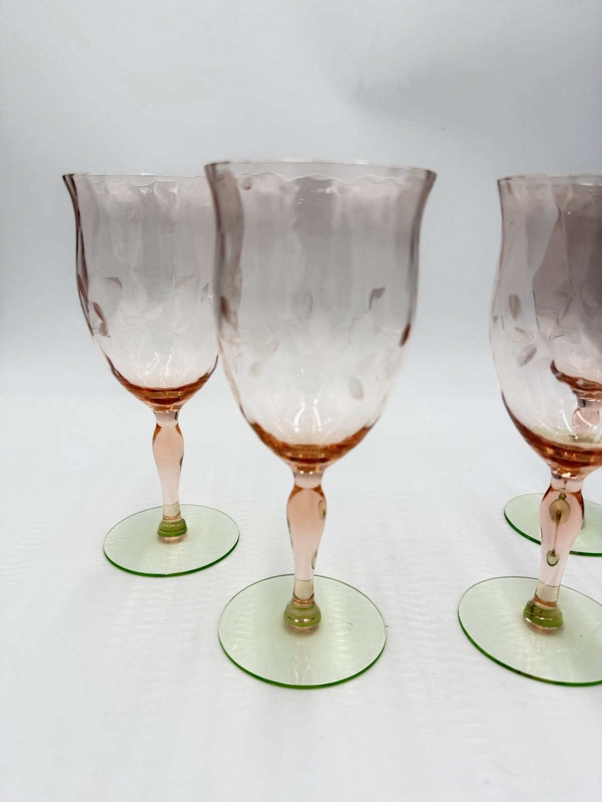 1930 Art Glass Uranium Weston Watermelon Etched Stemmed Wine Glasses 4pcs