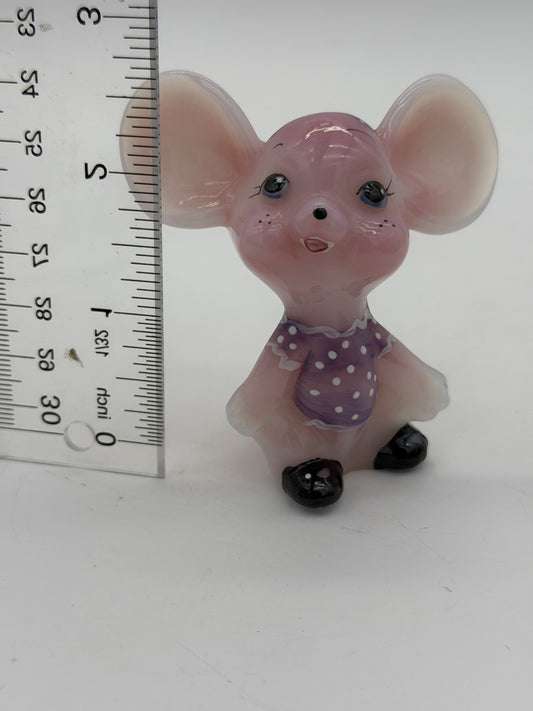 Fenton Art Glass Rosalene Purple Polka Dot Dress Hand Painted Mouse Figurine