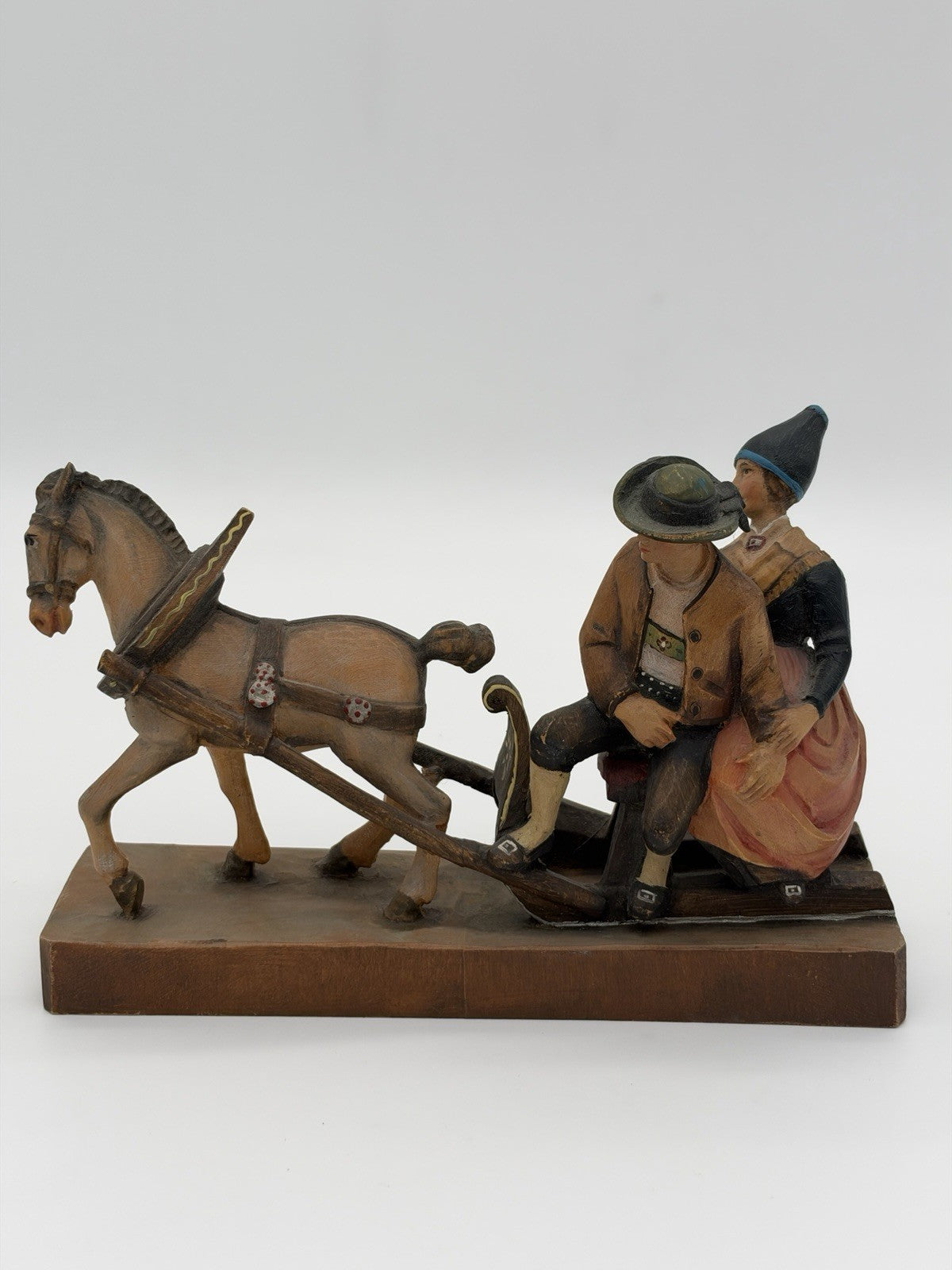 Antique folk art wood carving August Runggaldier Italy  farmers on horse sleigh