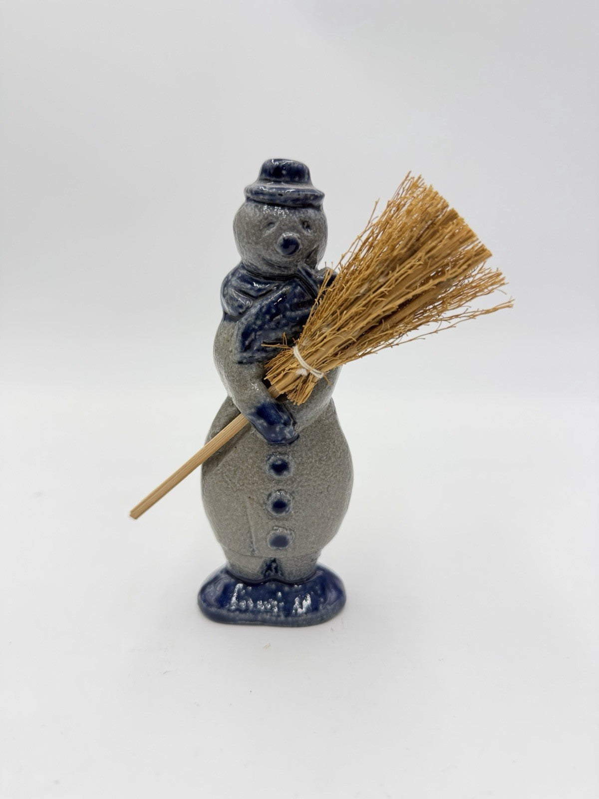 Vintage Rowe Pottery Salt Glazed Snowman W/broom 1996 Christmas Figurine 5”