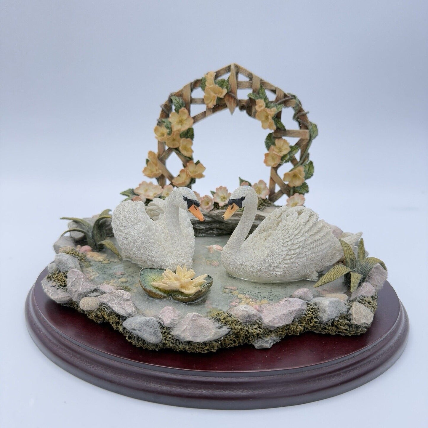 LENOX Rose Arbor Pond Swans sculpture Wood Base Figurine Resin