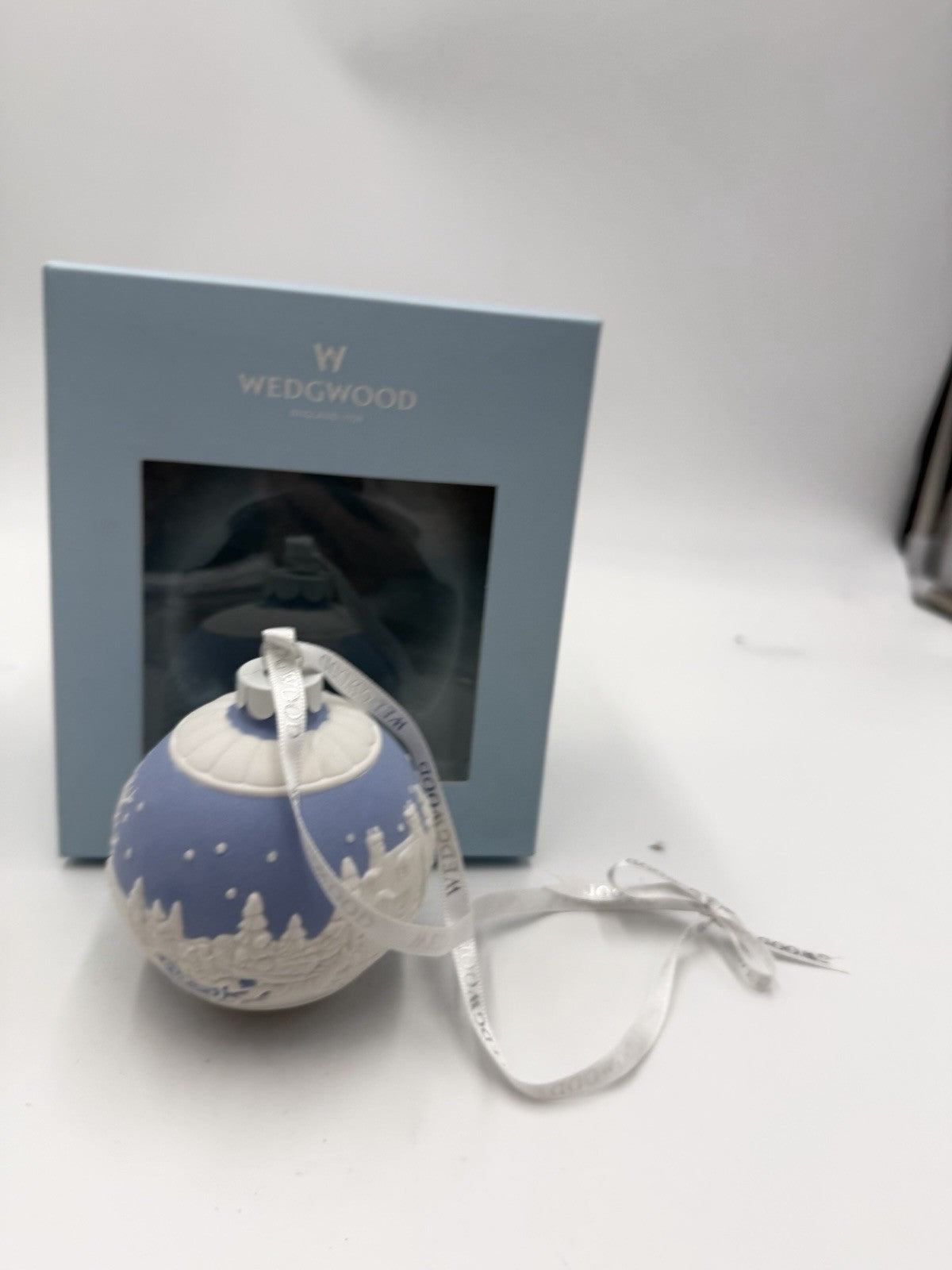 Wedgwood Jasperware Blue Sleigh Ride Santa Christmas Ball Ornament Boxed