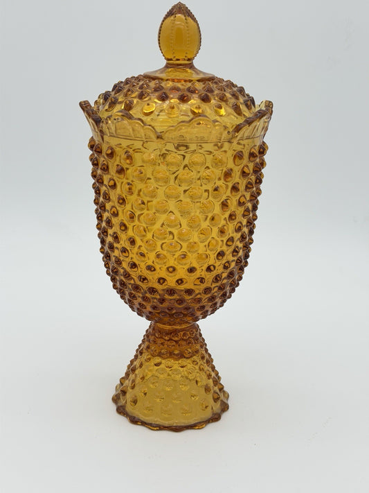 Fenton Art Glass Hobnail Colonial Amber Candy Dish With Lid 11”H Vintage USA
