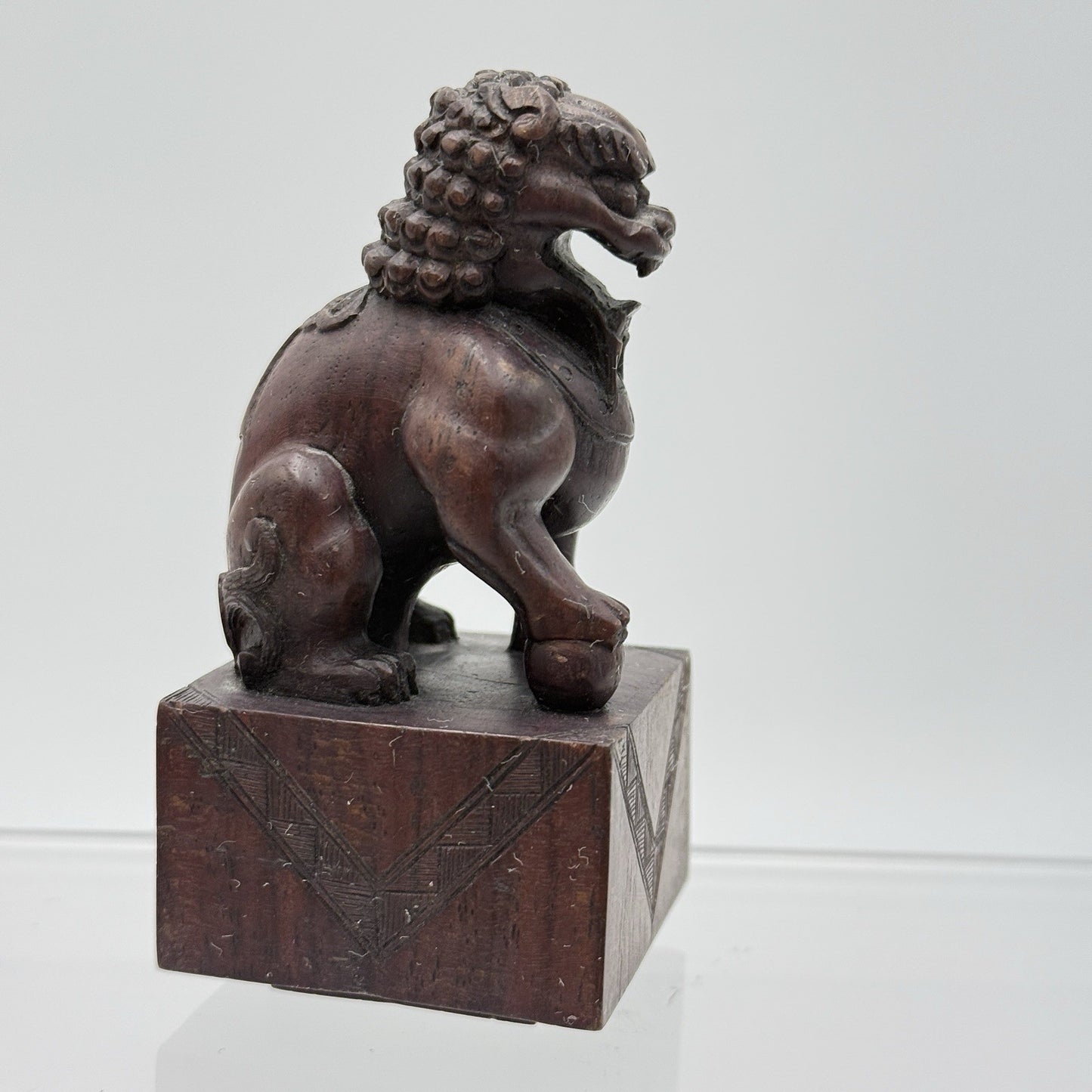 Foo Lion Chinese Hand Carved Wooden Figurine Solid 3.5in Vintage