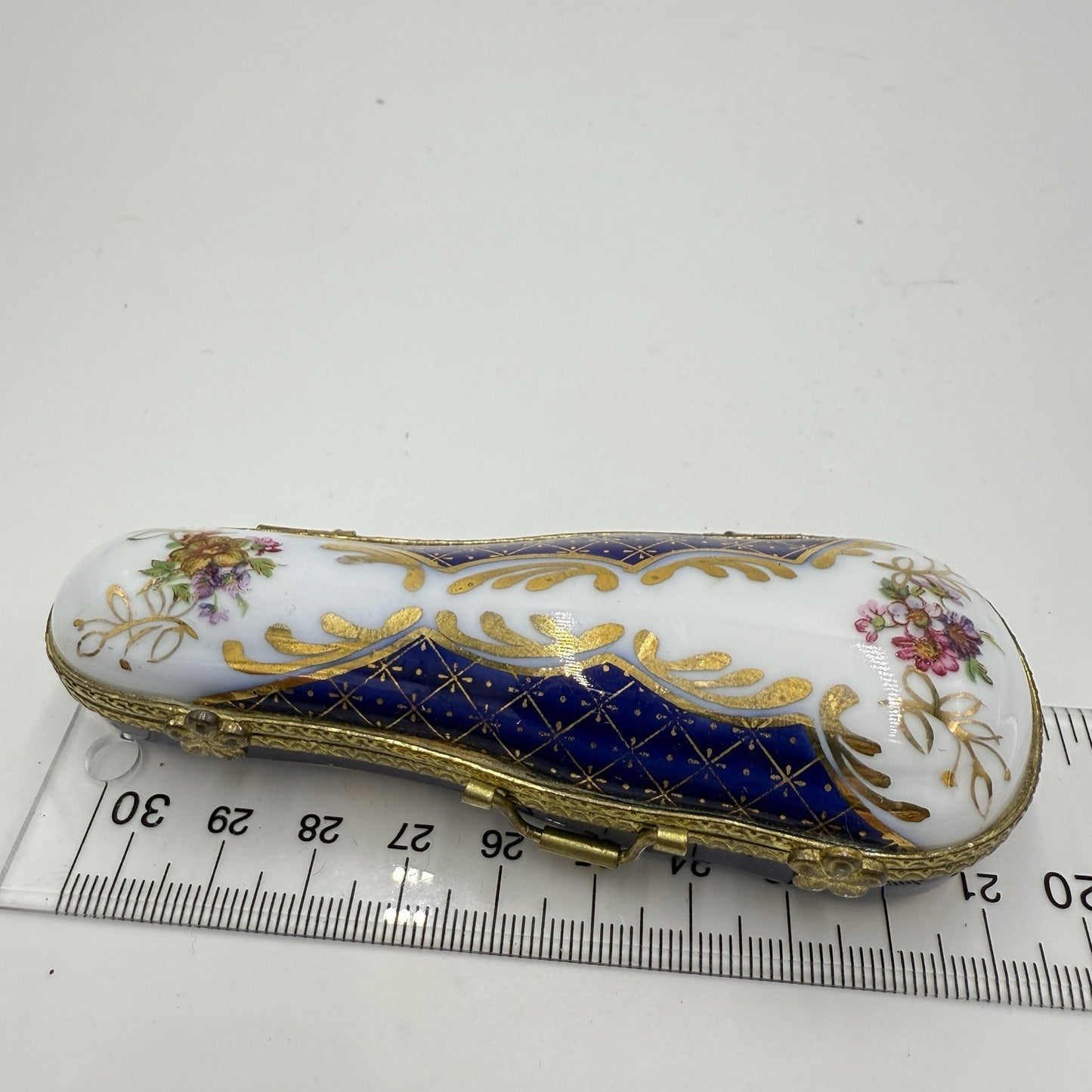 Museum Of Jewelry Porcelain Cobalt Floral Miniature Violin Case Trinket Box