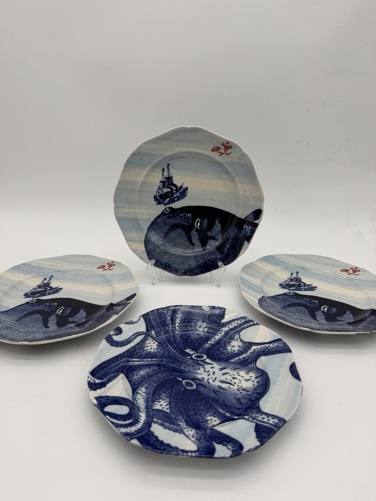 Anthropologie From the Deep SET 4 Salad Dessert Plate 7.5” Ocean Fish Nautical