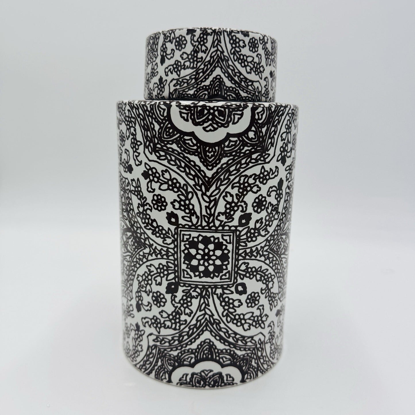 Pottery Barn Ceramic Brown White Floral Paisley Decor Canister Ginger Jar 9in