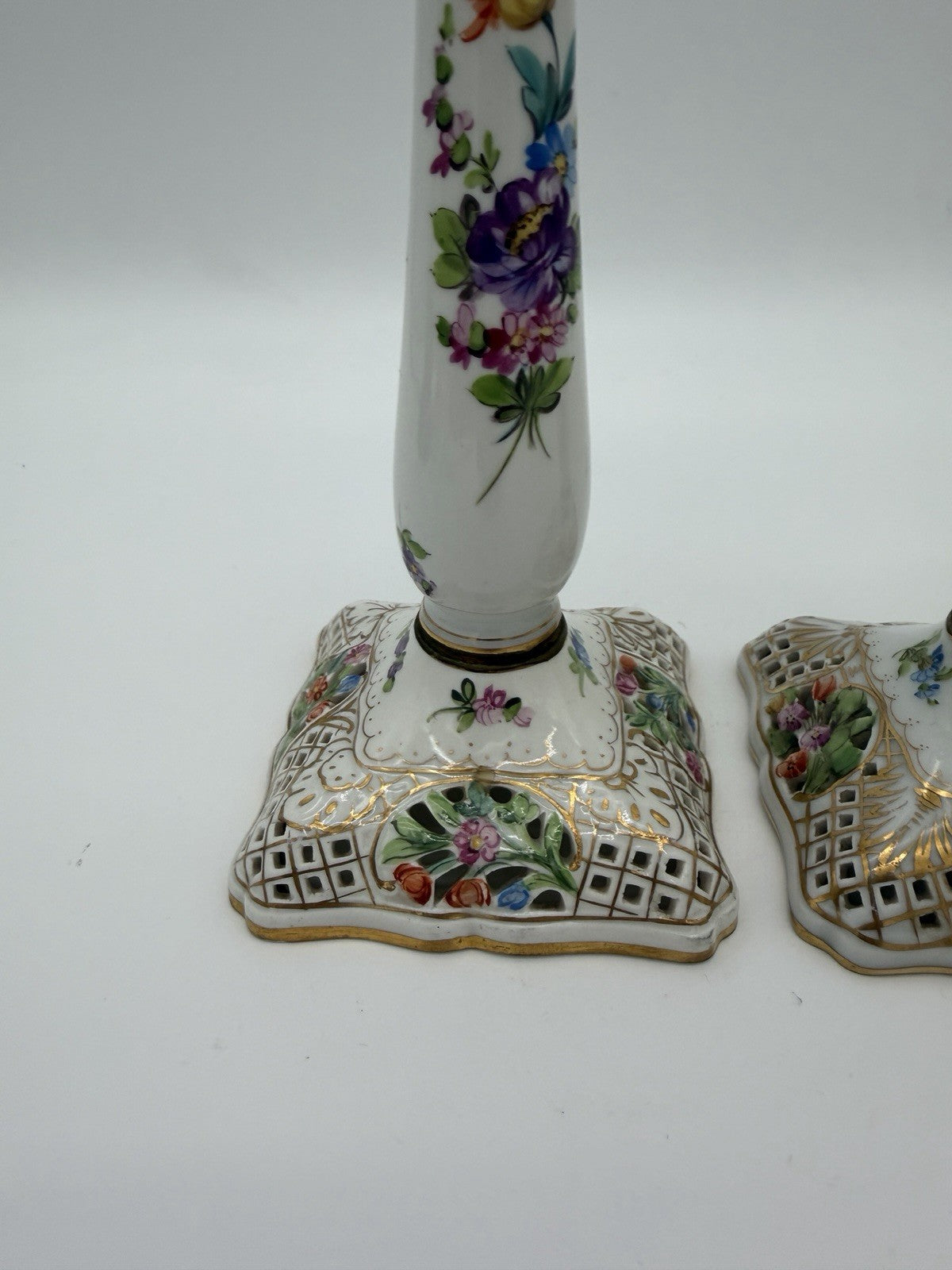Antique  Dresden Porcelain Carl Thieme Saxony Reticulated 10" Candlestick Floral