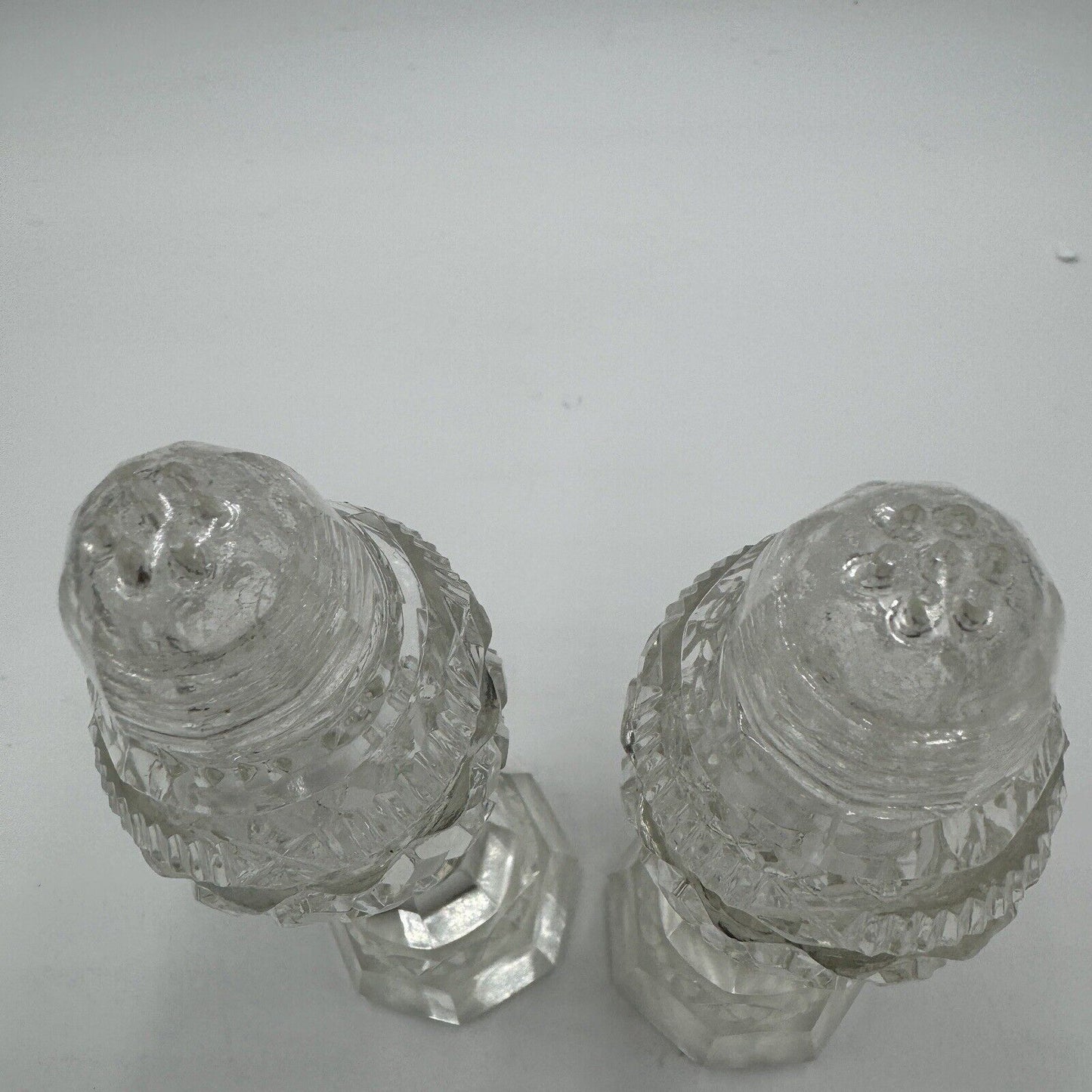 Antique Bohemian Czech Cut Glass Pedestal Salt & Pepper Shakers 6in H