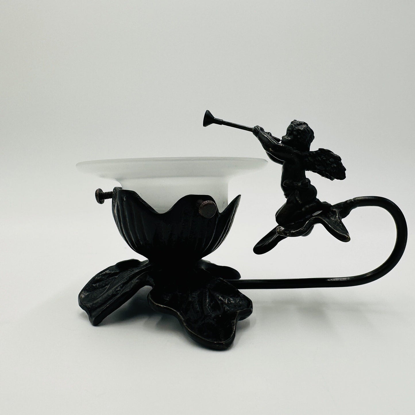 Cherub Candle Holder Lily Lamp Leafs Art Deco Solid Brass Bronze Tone