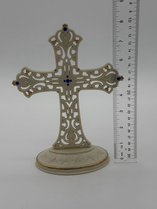 Lenox Porcelain USA Hearts Of Devotion 2002 Blue Rhinestone 8” Cross Figurine