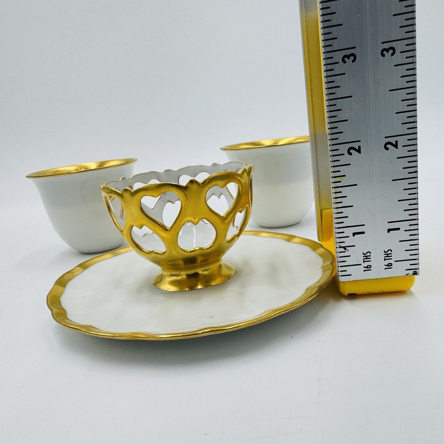 French Porcelain Gold Trim Egg Cups 3 Pieces Unmarked Rare Antique Serveware