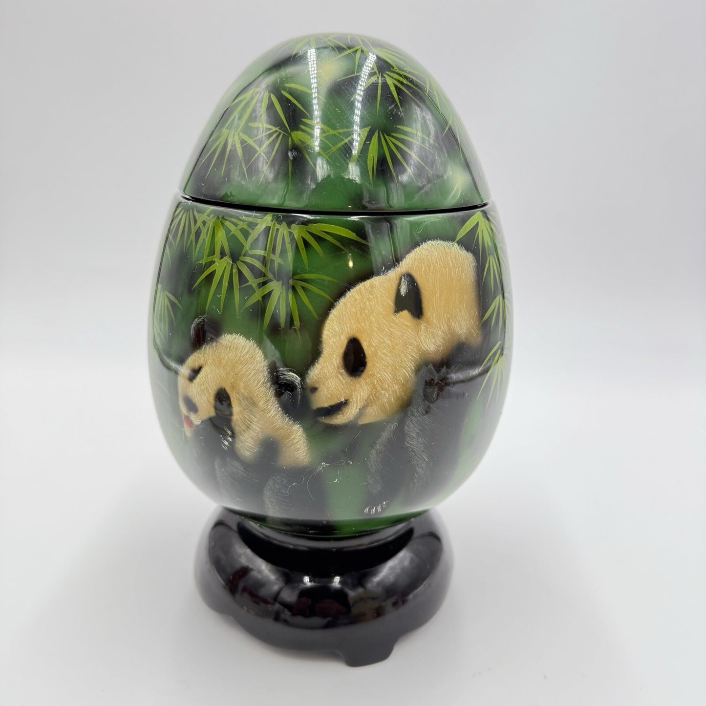 Lacquer Box Panda Bear Vtg wooden hand painted trinket box 7.5"x4" base