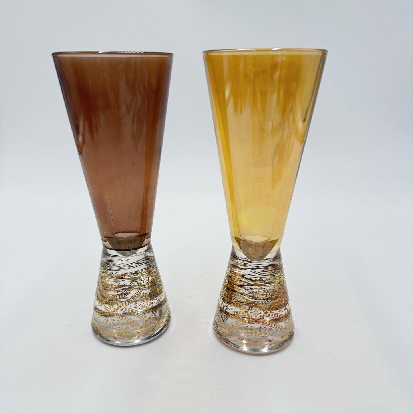 2 Vintage Collezione Timon Art Glass Italian Iridescent Gold Champagne Flutes
