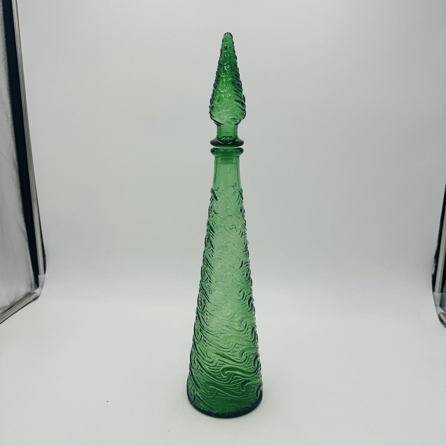 Empoli Glass Decanter Green Wave Italy Stopper 18in H Vintage Mid Century Modern