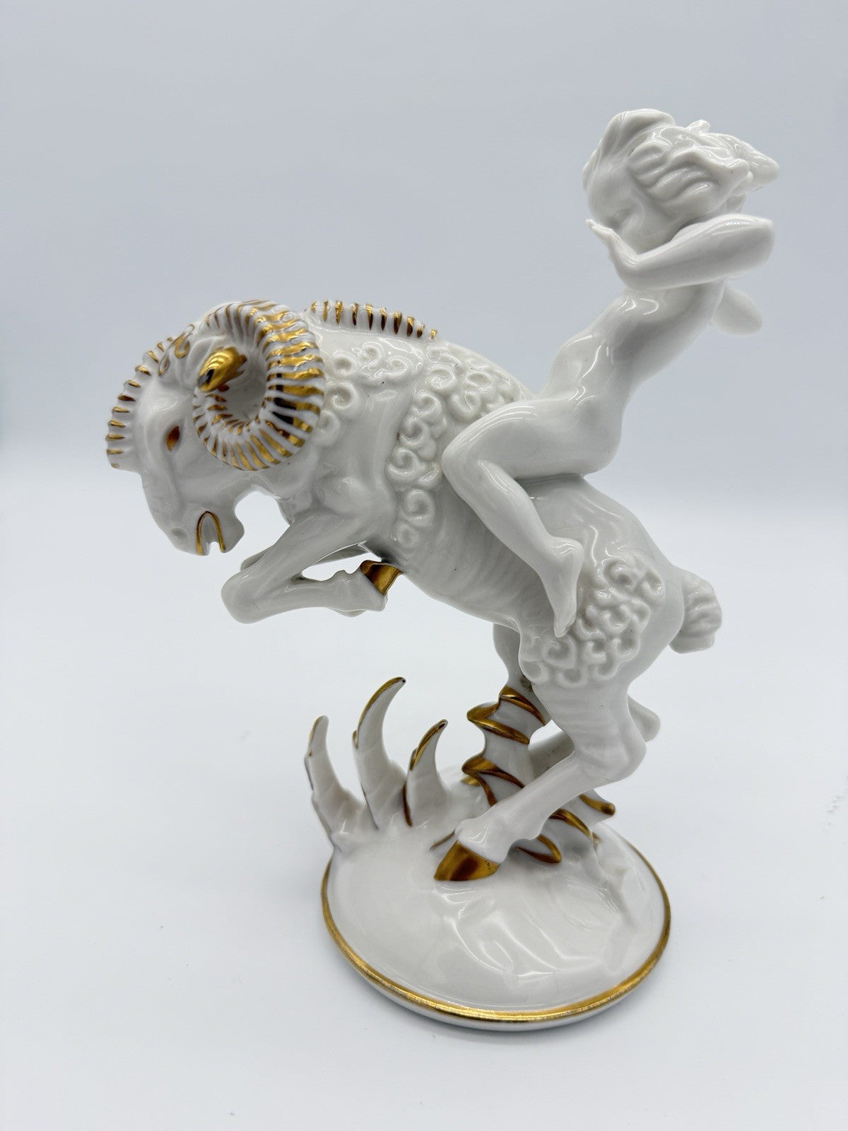 Hutschenreuther Art Deco porcelain High Spirits putto riding ram figurine 7”
