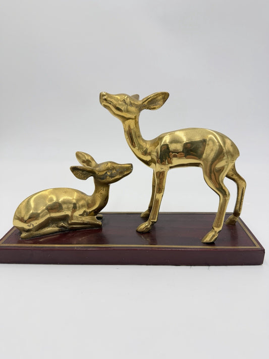 Vintage Gatco Solid Brass Deer Set on Wood Stand Woodland Figurines 6”x9”