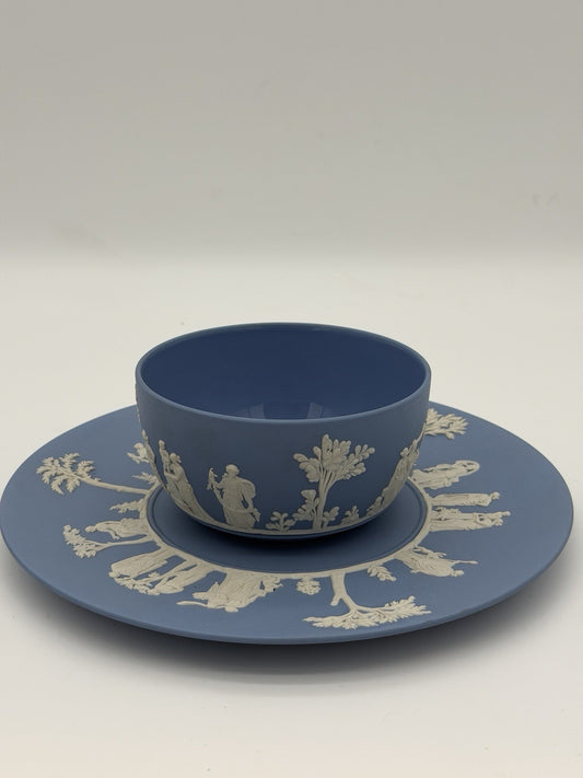 Wedgwood Jasperware England Blue/white Plate & Bowl Porcelain Set Vintage