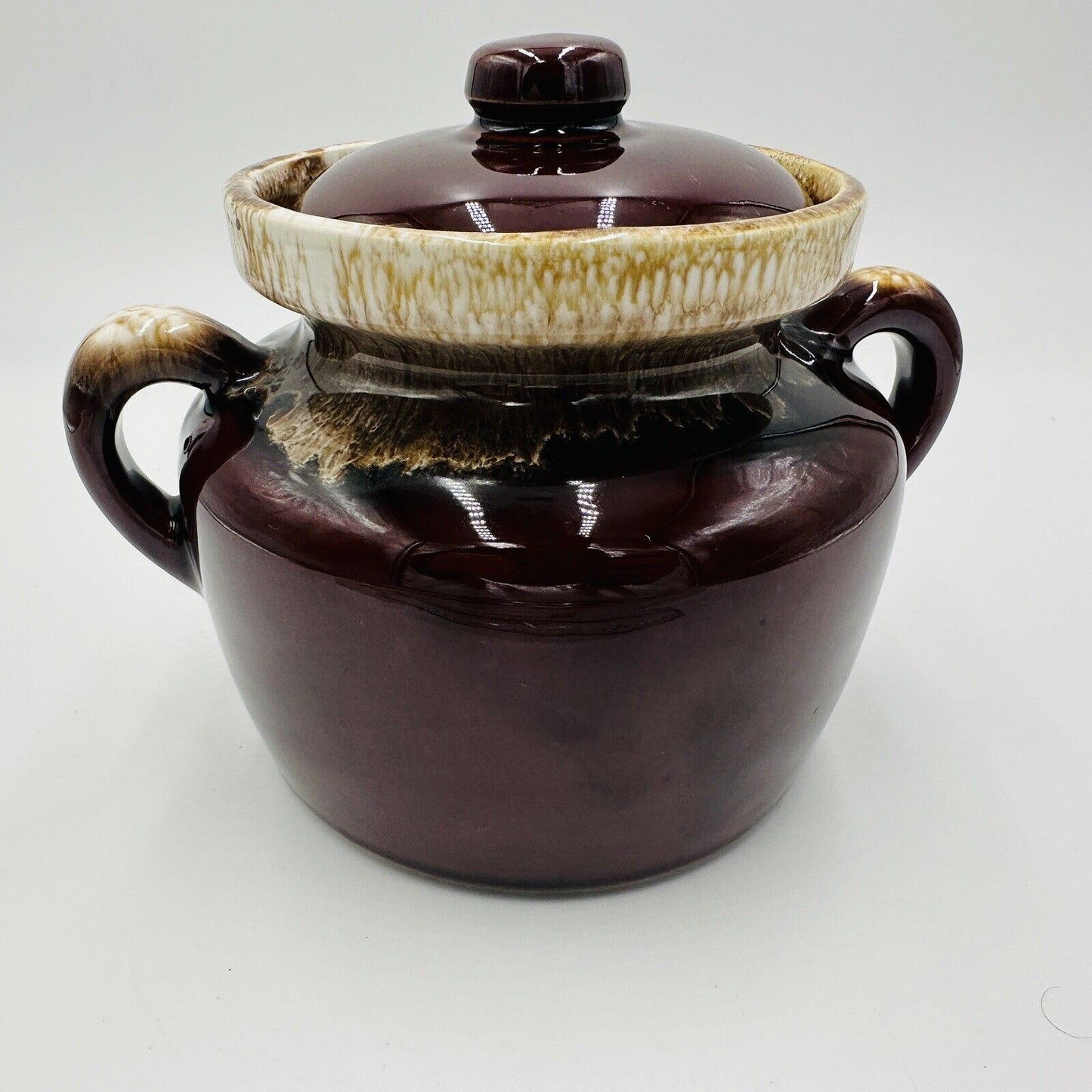 McCoy Pottery Bean Pot Brown Drip Glaze Lidded Handled #341 Vintage USA