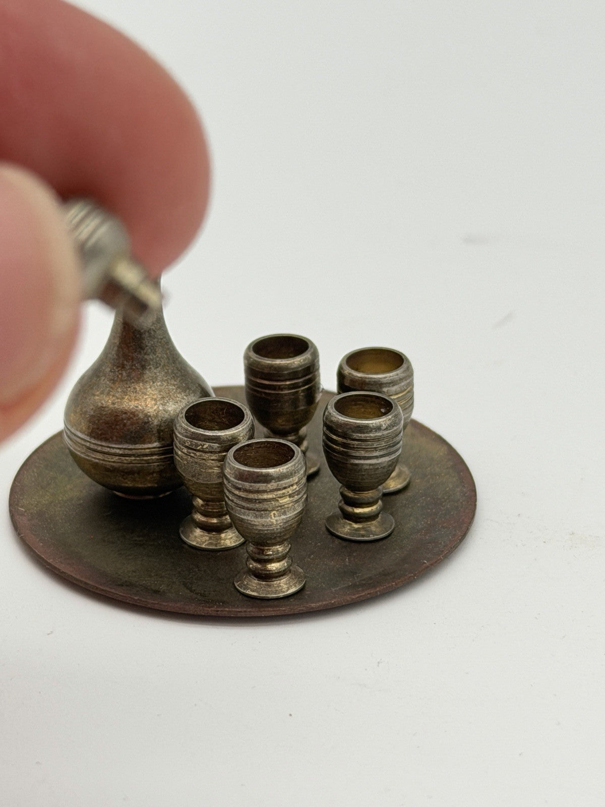 Vintage Dollhouse Miniature Brass 7pc Wine Set Tray Mini Goblets & Decanter 1:12
