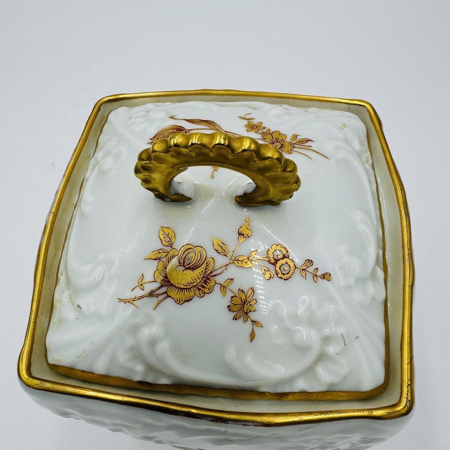 Rare Limoges France Porcelain Floral Gold Painted Biscuit Jar Lidded 7”twisted