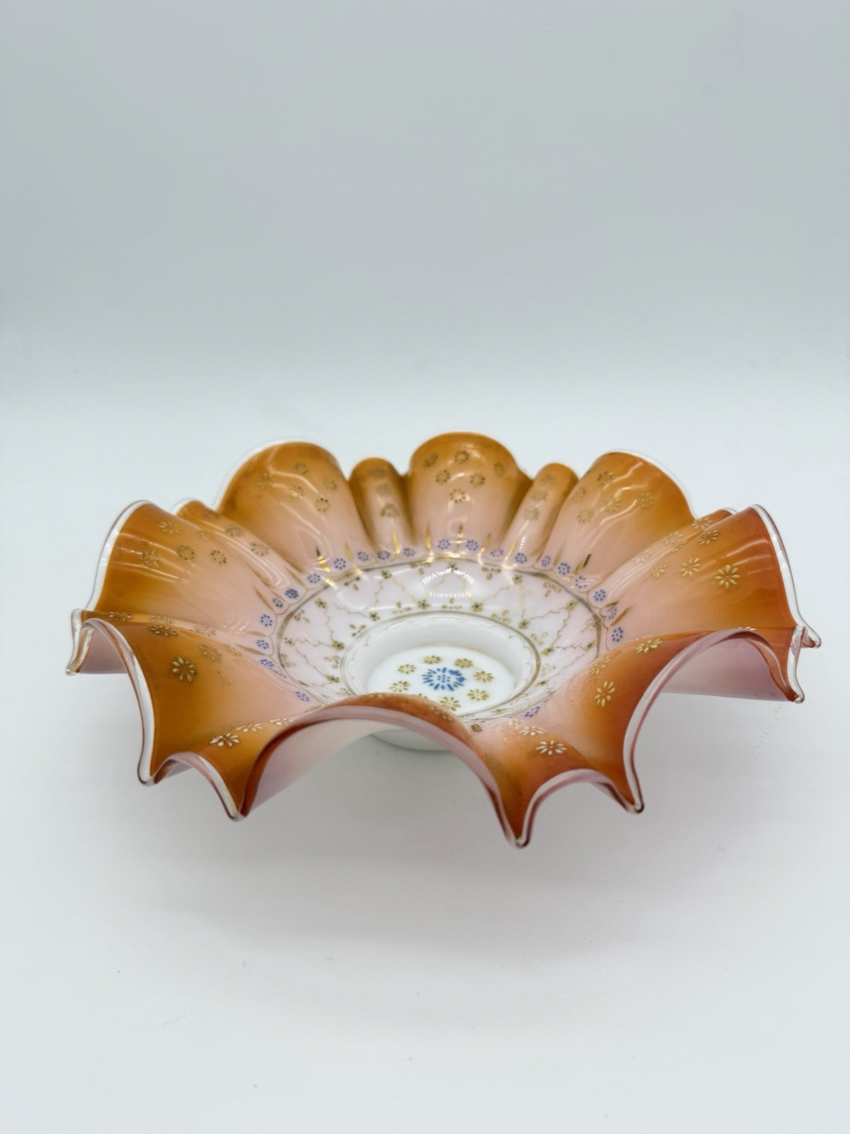 Antique Victorian Wedding Bride Art Glass Peach Ruffled Floral Hand Painted Bowl