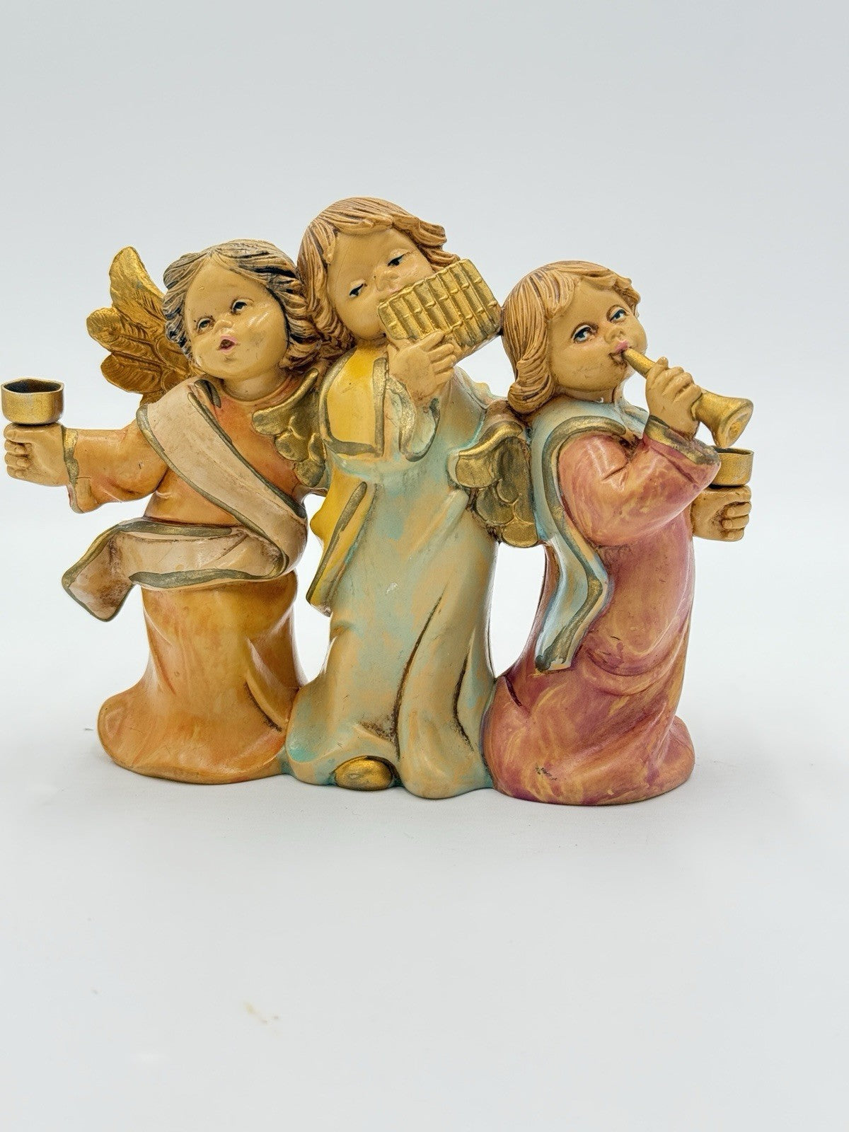 FONTANINI Italy 5" MUSIC CHERUB ANGELS Candle Holder #5570 PVC Painted Figurine