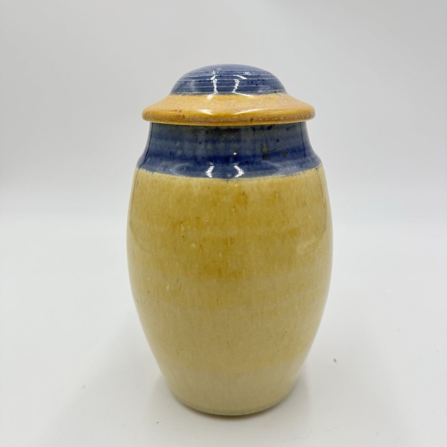 Vintage Martin Bleyer Art Pottery Urn Vase Glazed Yellow Blue W/lid 7”H