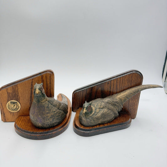 Rare Ducks Unlimited Bronze Tone Pheasant Rooster Book Ends Wood