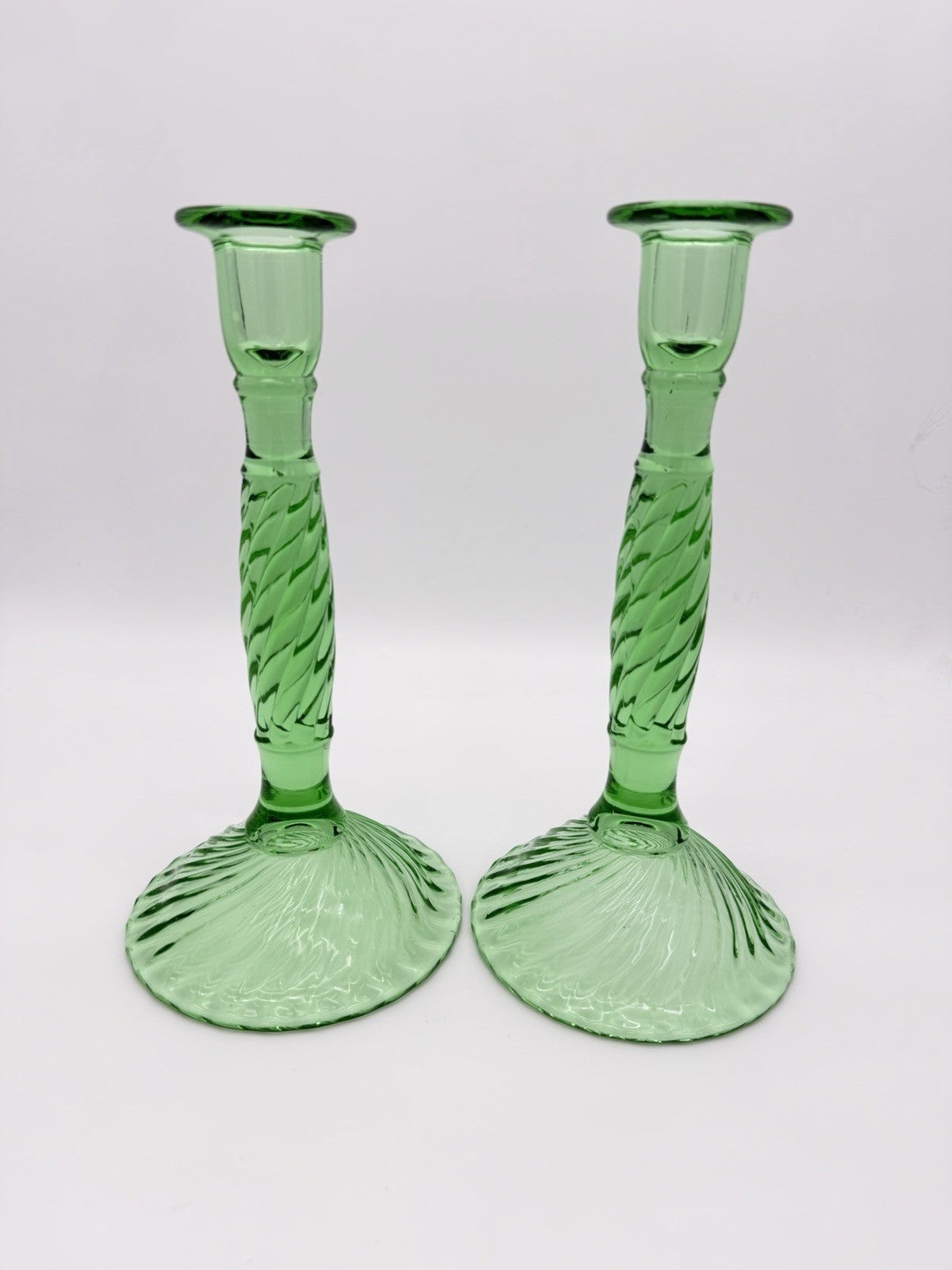 Antique EAPG art glass Swirl Early American Pressed Green mint candlesticks
