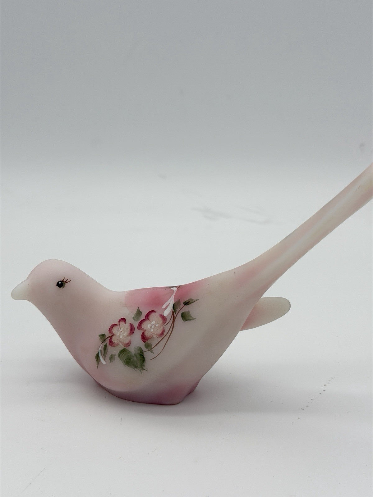 Fenton Rosaline Pink Satin Art Glass Bird Hand Painted Signed Shelley Fenton