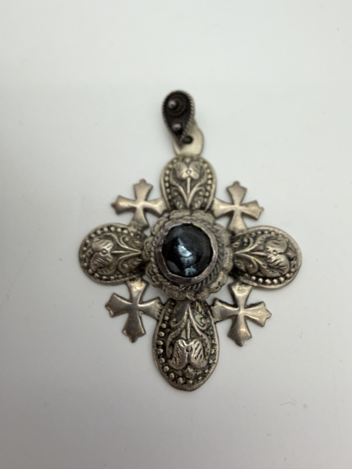 Vintage Ornate 950 Silver Jerusalem Cross 2.5”Pendant 33g Blue Onyx /cabochon