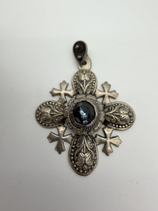 Vintage Ornate 950 Silver Jerusalem Cross 2.5”Pendant 33g Blue Onyx /cabochon